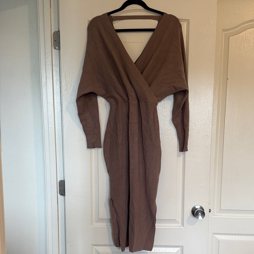 Brown Long Sleeve sweater Wrap Dress